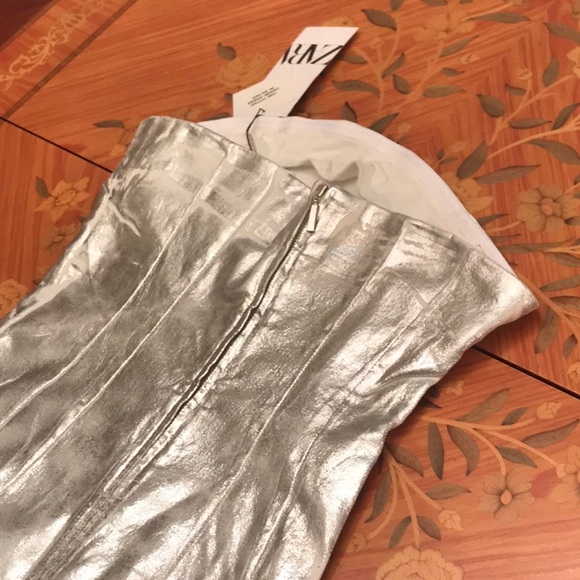 Zara The Fitted Denim bodycon silver midi dress sz.XS - Picture 14 of 16